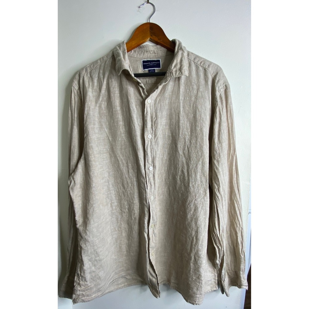 Charles Tyrwhitt Mens XL Slim Fit 100 Linen Button Down Shirt Beige Long Sleeve